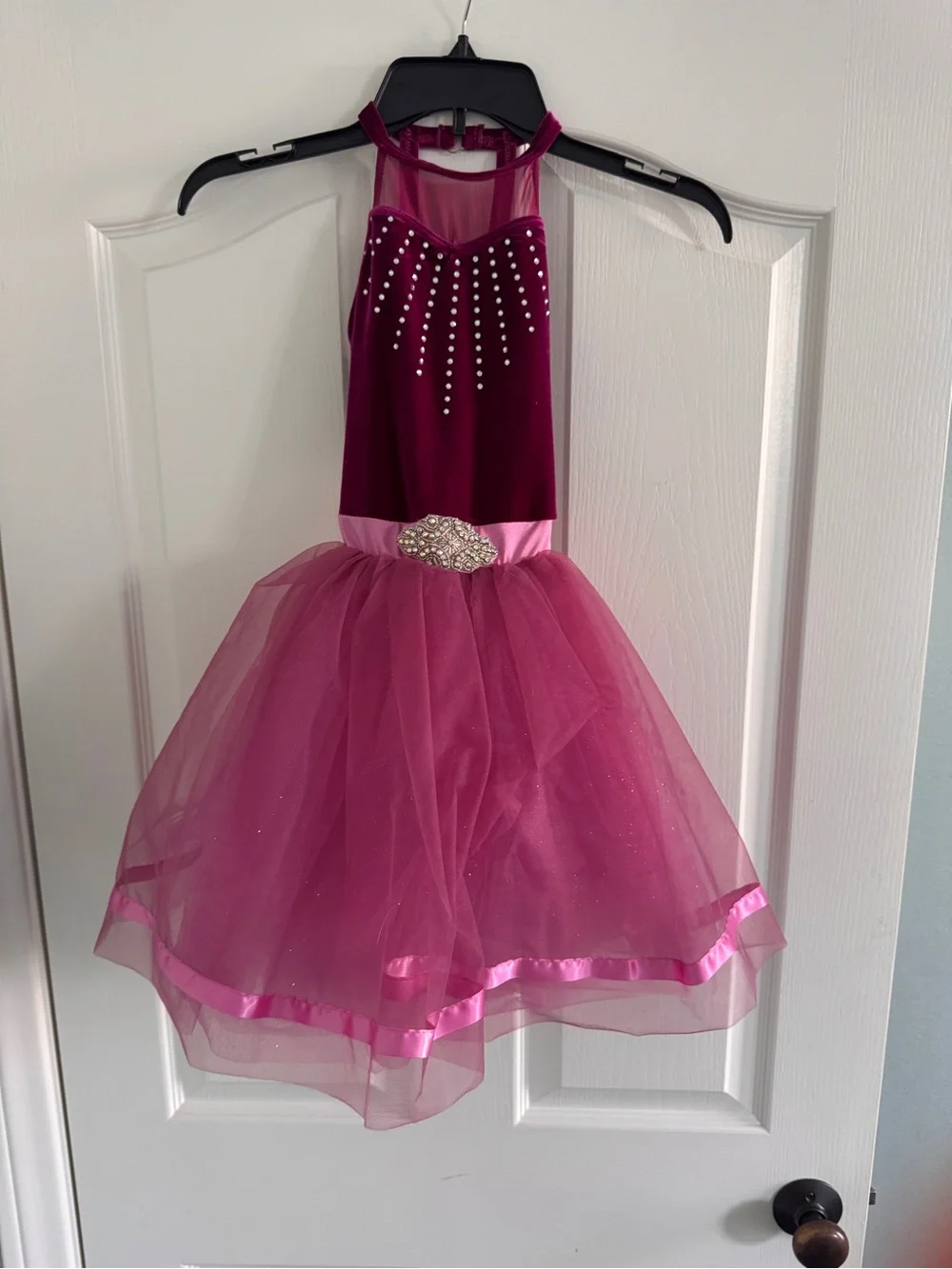 Girls Fuchsia Pink Tulle Party & Costume Dress with Rhinestone Belt